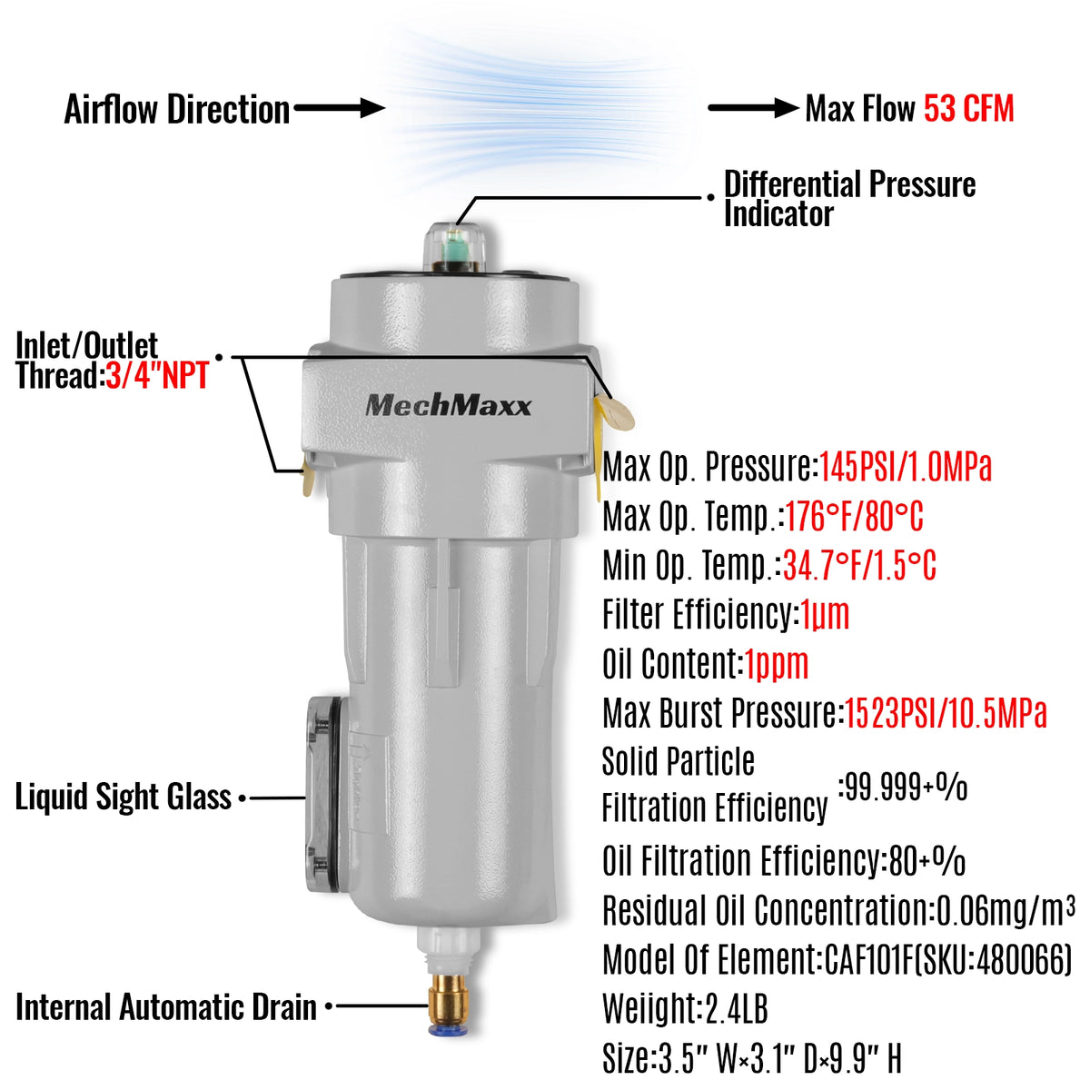 53 CFM Compressed Air Oil-Water Separator Precision Filter,1μm,Oil Content 1ppm, With Auto Drain, Pressure Indicator