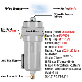 53 CFM Compressed Air Oil-Water Separator Precision Filter,0.01μm,Oil Content 0.01ppm, With Auto Drain, Pressure Indicator