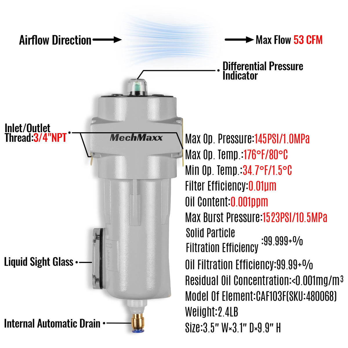 53 CFM Compressed Air Oil-Water Separator Precision Filter,0.01μm,Oil Content 0.001ppm, With Auto Drain, Pressure Indicator