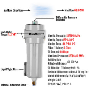 63 CFM Compressed Air Oil-Water Separator Precision Filter,0.01μm,Oil Content 0.001ppm, With Auto Drain, Pressure Indicator