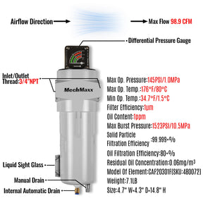 99 CFM CompreH2:K2ater Separator Precision Filter,1μm,Oil Content 1ppm, With Auto Drain, Pressure Gauge