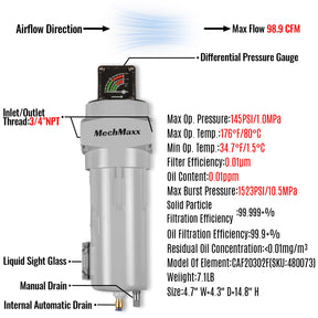 99 CFM Compressed Air Oil-Water Separator Precision Filter,0.01μm,Oil Content 0.01ppm, With Auto Drain, Pressure Gauge