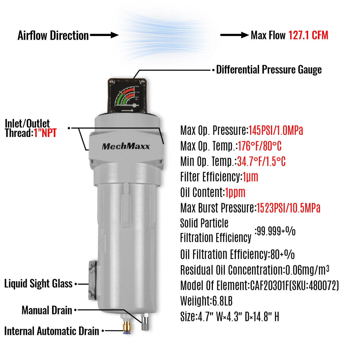 127 CFM Compressed Air Oil-Water Separator Precision Filter,1μm,Oil Content 1ppm, With Auto Drain, Pressure Gauge