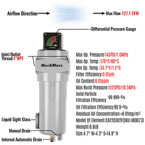127 CFM Compressed Air Oil-Water Separator Precision Filter,0.01μm,Oil Content 0.01ppm, With Auto Drain, Pressure Gauge