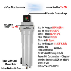 254 CFM Compressed Air Oil-Water Separator Precision Filter,0.01μm,Oil Content 0.01ppm, With Auto Drain, Pressure Gauge