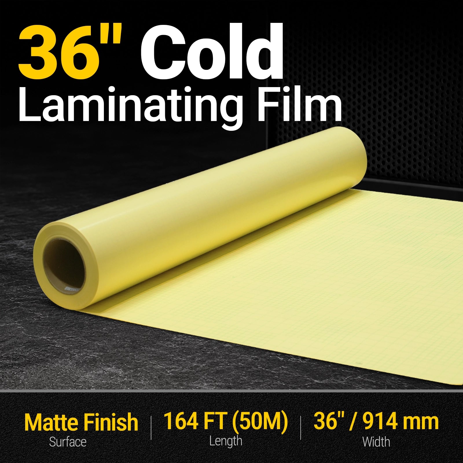 36" x 164 ft PVC Matte Cold Laminating Film, Yellow Release Paper, for SKU: 501014, 501015, 501016, 501017, 501018, 501019, 501020, 501021, 501022