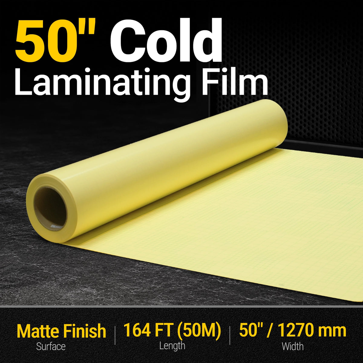 50" x 164 ft PVC Matte Cold Laminating Film, Yellow Release Paper, for SKU: 501014, 501015, 501016, 501017, 501018, 501019, 501020, 501021, 501022