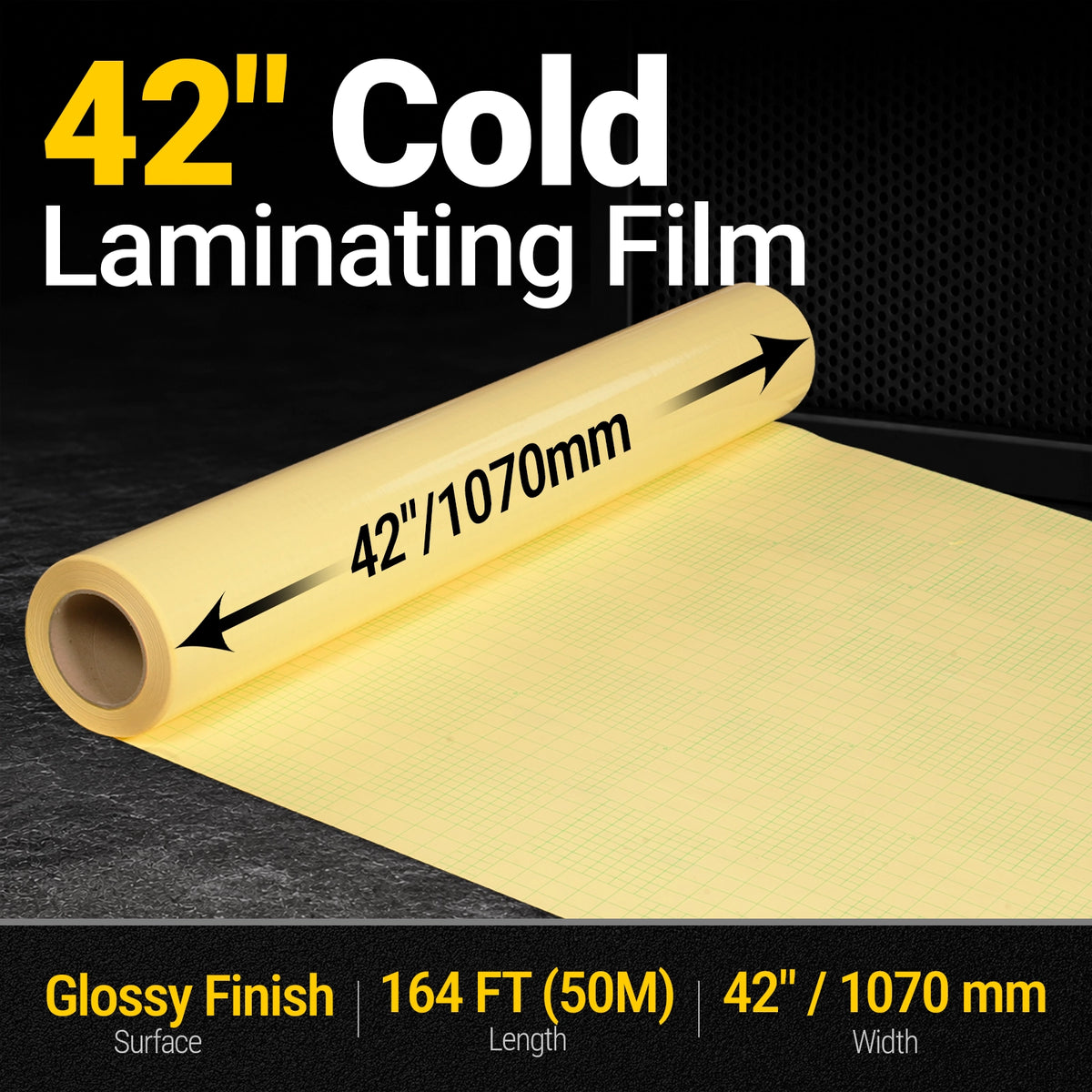 42" x 164 ft PVC Glossy Cold Laminating Film, Yellow Release Paper, for SKU: 501014, 501015, 501016, 501017, 501018, 501019, 501020, 501021, 501022