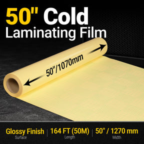 50" x 164 ft PVC Glossy Cold Laminating Film, Yellow Release Paper, for SKU: 501014, 501015, 501016, 501017, 501018, 501019, 501020, 501021, 501022