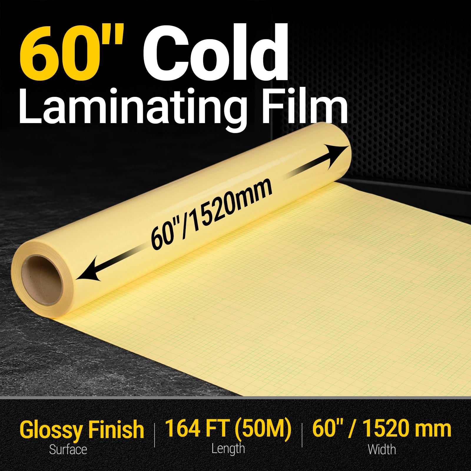 60" x 164 ft PVC Glossy Cold Laminating Film, Yellow Release Paper, for SKU: 501014, 501015, 501016, 501017, 501018, 501019, 501020, 501021, 501022