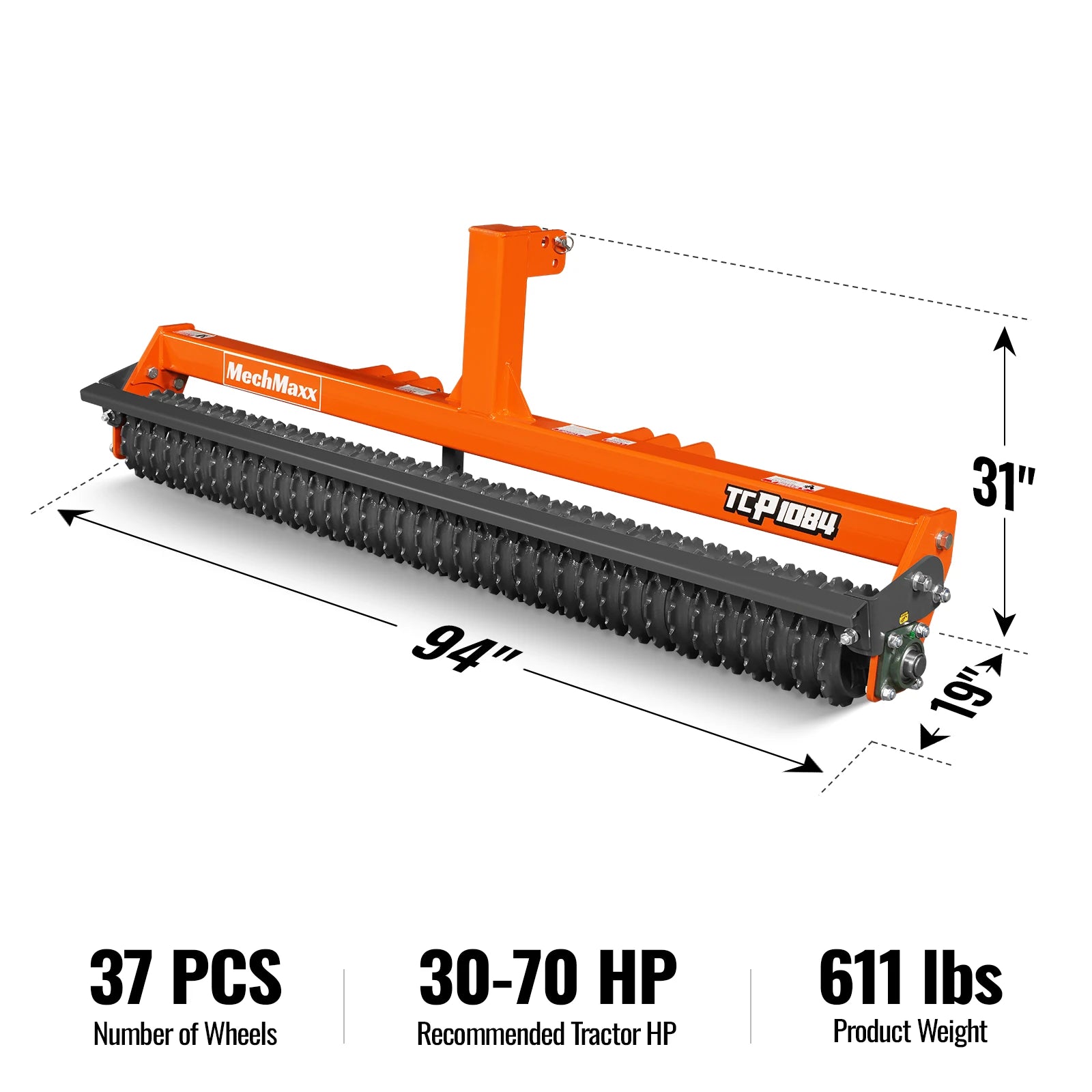 84" Cultipacker with 37 Ductile Iron Wheels,  Scraper Bar Included,  Category 1 and 2,  3 Point Hitch Tractor Attachment,  TCP1084