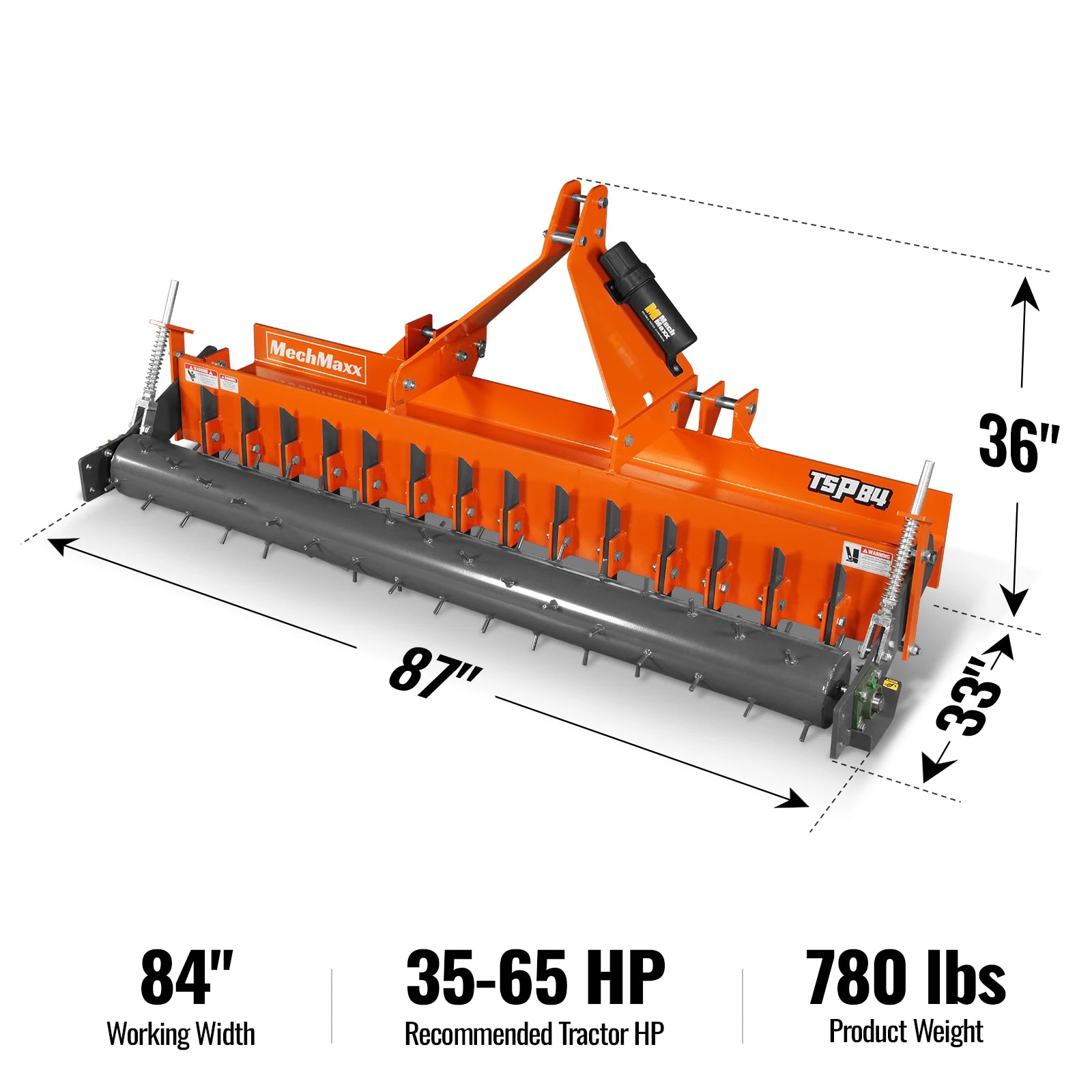 84" Heavy Duty Soil Pulverizer,  Single Spiked Roller,  29 Shanks,  Category 1 and 2,  3 Point Hitch Tractor Attachment,  TSP84