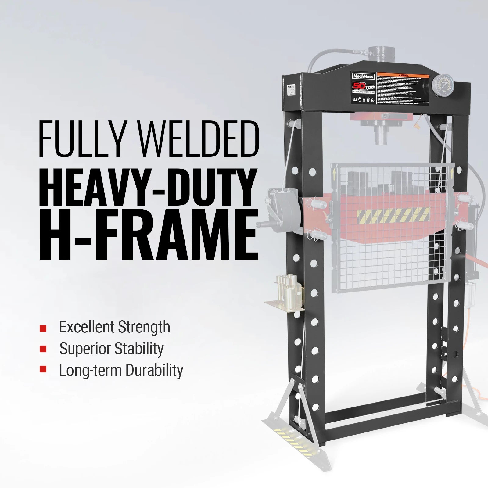 50 Ton H-Frame Air/Hydraulic Shop Press with Hand Winch & Press Pin Kit,  Fully Welded Steel Frame,  Safety Guard,  Foot Pedal Control,  HSP50