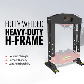 150 Ton H-Frame Electric Hydraulic Shop Press with Double-Acting Cylinder & Chain-Driven Table Lift,  110V Motor,  Fully Welded Steel Frame,  Safety Guard,  HSP150E