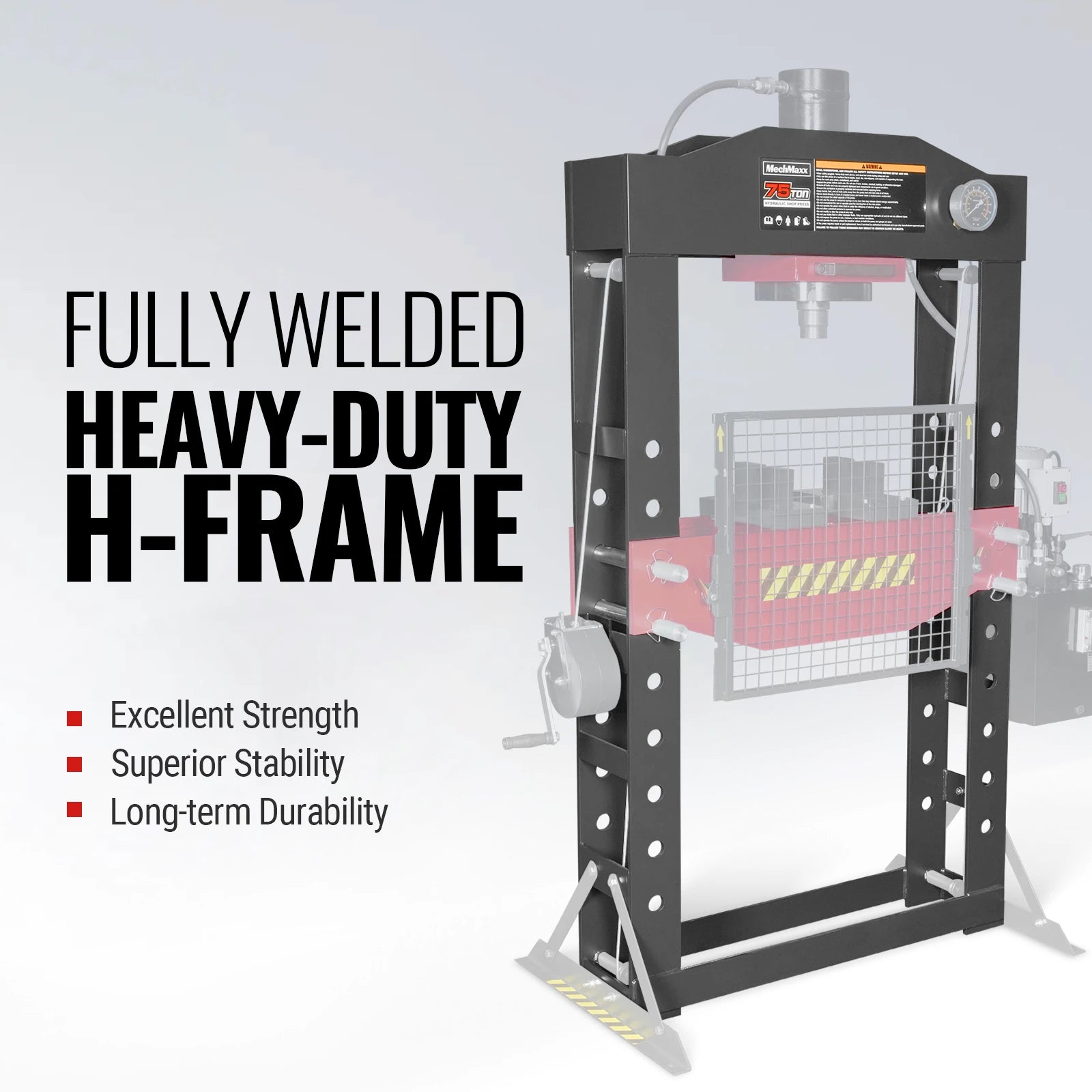 75 Ton H-Frame Electric Hydraulic Shop Press with Hand Winch,  110V Motor,  Fully Welded Steel Frame,  Safety Guard,  Foot Pedal Control,  HSP75E