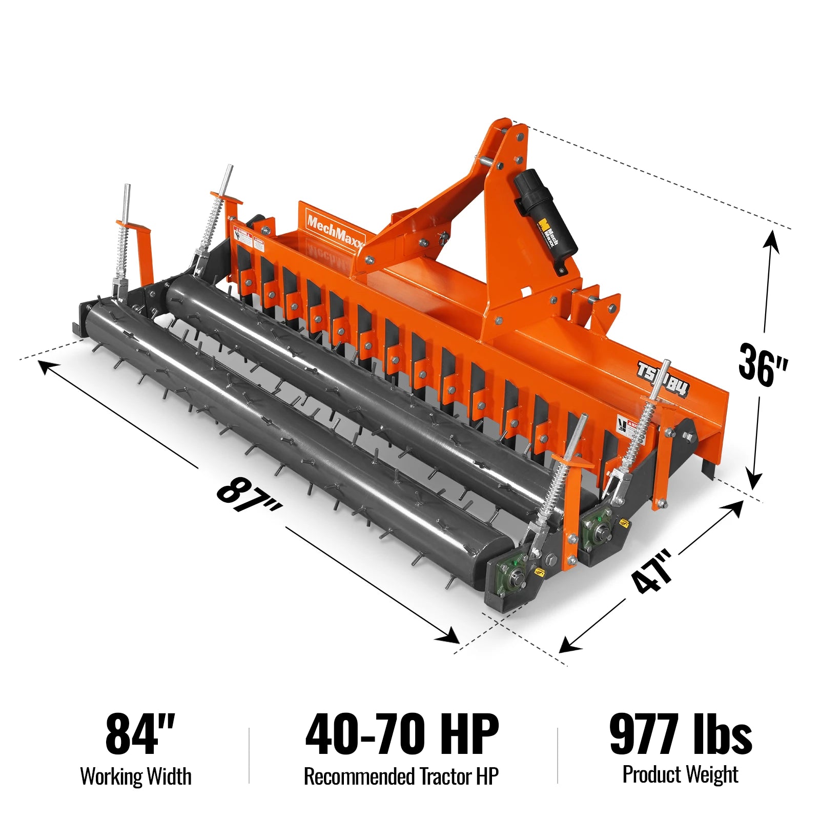 84" Heavy Duty Soil Pulverizer,  Double Spiked Roller,  29 Shanks,  Category 1 and 2,  3 Point Hitch Tractor Attachment,  TSP84D