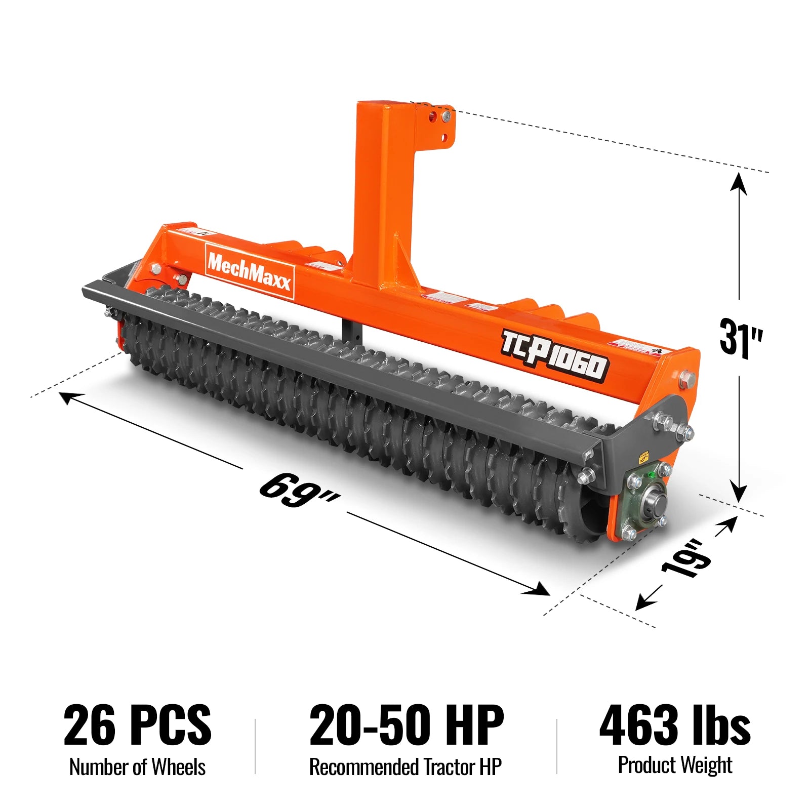 60" Cultipacker with 26 Ductile Iron Wheels,  Scraper Bar Included,  Category 1 and 2,  3 Point Hitch Tractor Attachment,  TCP1060