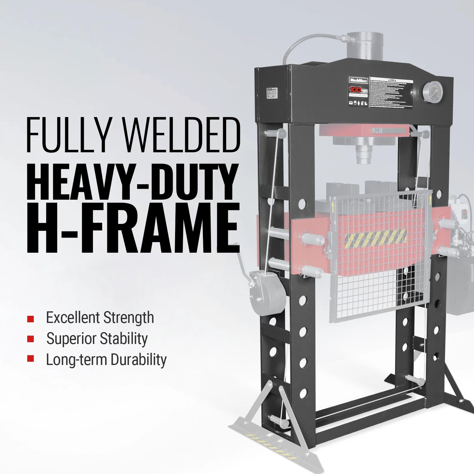 100 Ton H-Frame Electric Hydraulic Shop Press with Hand Winch,  110V Motor,  Fully Welded Steel Frame,  Safety Guard,  Foot Pedal Control,  HSP100E