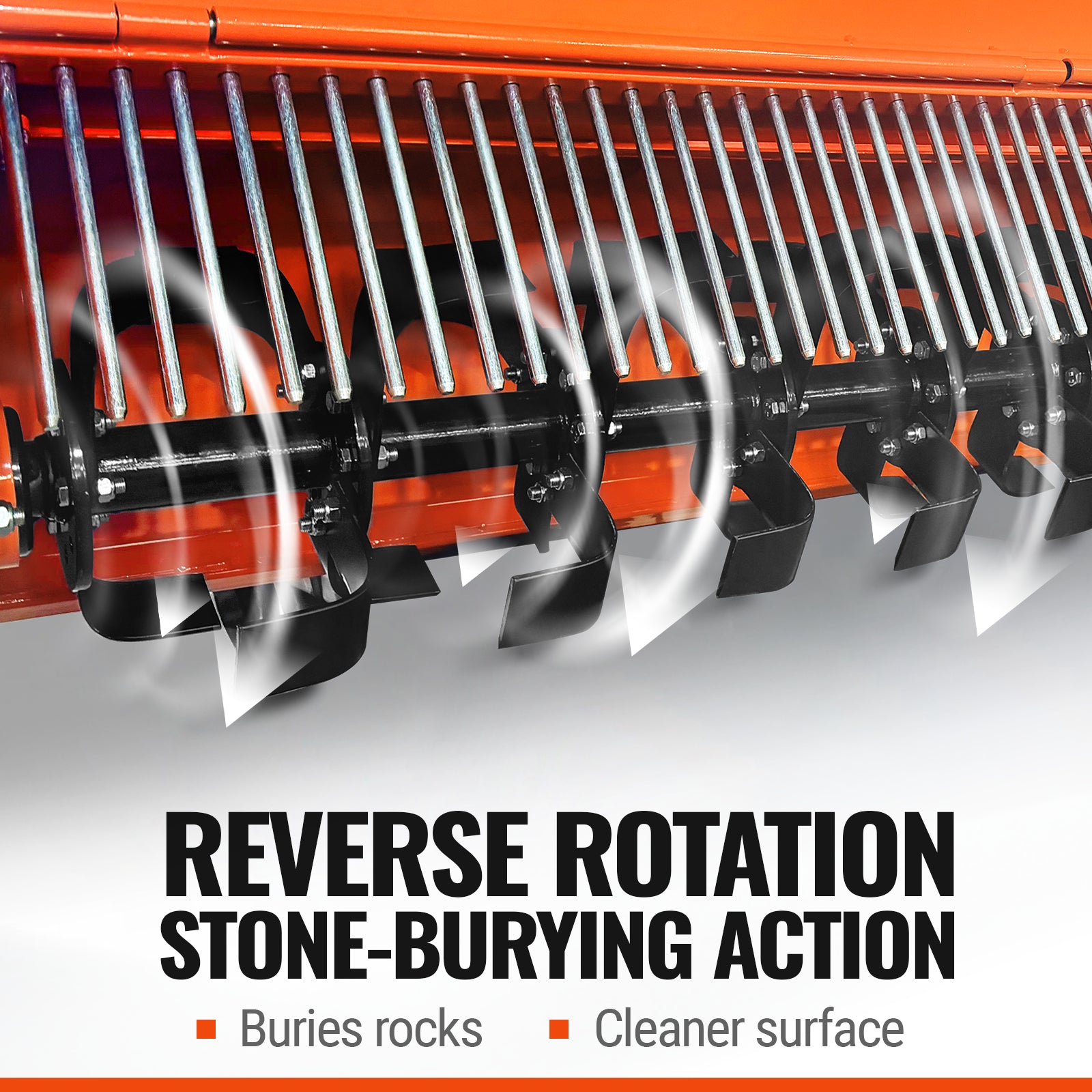 48 in Stone Burier Reverse Rotary Tiller, 3 Point Hitch Cat.1, Chain Drive, PTO Shaft Included with Slip Clutch, 20–45 HP, RSB48