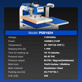 16x24 Inch Commercial Pneumatic Dual Platen Heat Press - Auto Lift Digital Sublimation Transfer Machine with AIRTAC Pneumatic Parts & Adjustable Pressure (110V 2.2HP)