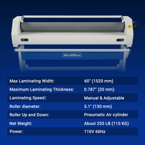 63" Wide Format Laminator Manual Cold Laminating Machine 60" Max Laminating Width,Pneumatic Roller Lift & Wear-Resistant Rubber Roller Portable Stand Included, 0.78" Max Thickness for Vinyl Graphics, Inkjet Prints, Posters-1600-C1