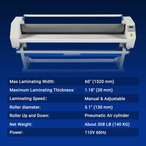 63" Wide Format Laminator Manual Cold Laminating Machine 60" Max Laminating Width,Pneumatic Roller Lift Portable Stand Included, 0.78" Max Thickness for Vinyl Graphics, Inkjet Prints, Posters-1600-C2
