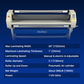 63" Wide Format Laminator Manual Cold Laminating Machine 60" Max Laminating Width,Pneumatic Roller Lift Portable Stand Included, 0.78" Max Thickness for Vinyl Graphics, Inkjet Prints, Posters-1600-C3Pro