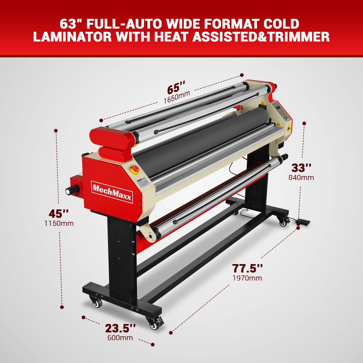 65" Wide Format Full-Auto Cold & Heat Assisted Pneumatic Laminator Machine with 4 Trimmers, Max Speed 40ft/min, 63" Max Width, Infrared Heating, Digital Control Pneumatic Roller Lifting (Requires Air Compressor, Not Included) 1700-B1RED