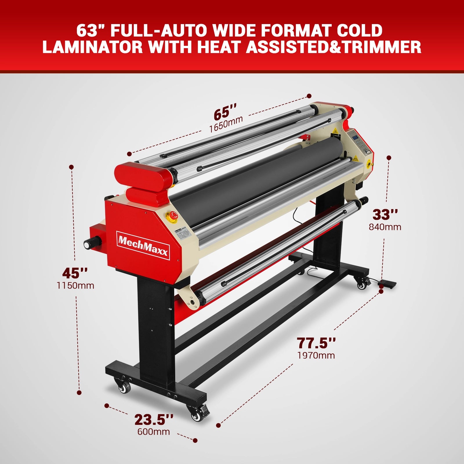65" Wide Format Full-Auto Cold & Heat Assisted Pneumatic Laminator Machine with 4 Trimmers, Max Speed 40ft/min, 63" Max Width, Infrared Heating, Digital Control Pneumatic Roller Lifting (Requires Air Compressor, Not Included) 1700-B1RED