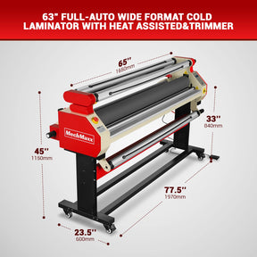 65" Wide Format Full-Auto Cold & Heat Assisted Pneumatic Laminator Machine with 4 Trimmers, Max Speed 40ft/min, 63" Max Width, Infrared Heating, Digital Control Pneumatic Roller Lifting (Requires Air Compressor, Not Included) 1700-B1RED