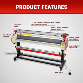 65" Wide Format Full-Auto Cold & Heat Assisted Pneumatic Laminator Machine with 4 Trimmers, Max Speed 40ft/min, 63" Max Width, Infrared Heating, Digital Control Pneumatic Roller Lifting (Requires Air Compressor, Not Included) 1700-B1RED