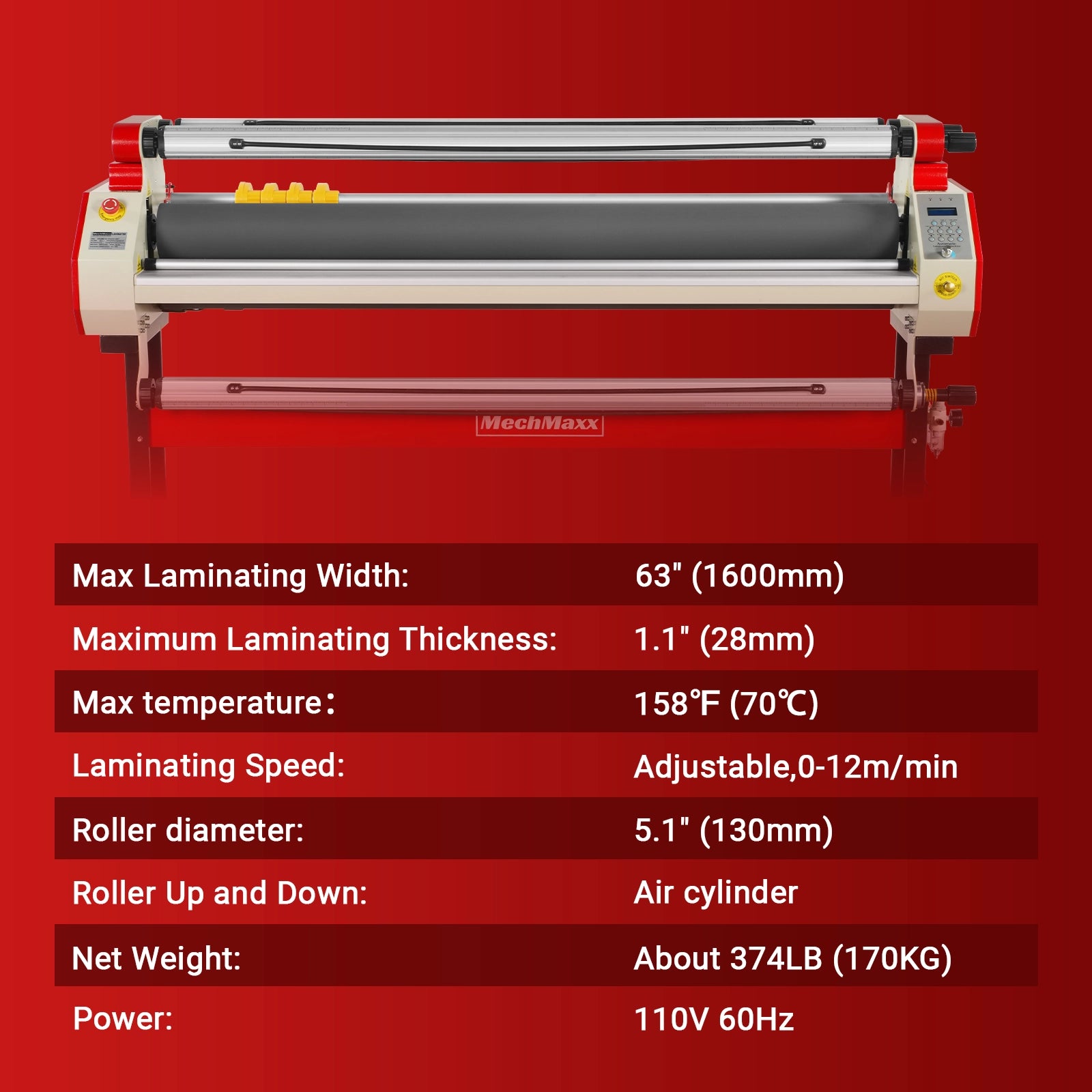65" Wide Format Full-Auto Cold & Heat Assisted Pneumatic Laminator Machine with 4 Trimmers, Max Speed 40ft/min, 63" Max Width, Infrared Heating, Digital Control Pneumatic Roller Lifting (Requires Air Compressor, Not Included) 1700-B1RED