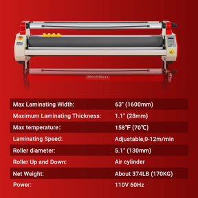 65" Wide Format Full-Auto Cold & Heat Assisted Pneumatic Laminator Machine with 4 Trimmers, Max Speed 40ft/min, 63" Max Width, Infrared Heating, Digital Control Pneumatic Roller Lifting (Requires Air Compressor, Not Included) 1700-B1RED