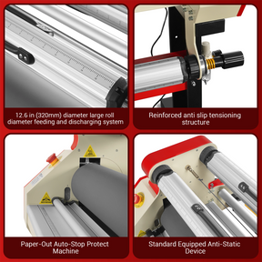 65" Wide Format Full-Auto Cold & Heat Assisted Pneumatic Laminator Machine with 4 Trimmers, Max Speed 40ft/min, 63" Max Width, Infrared Heating, Digital Control Pneumatic Roller Lifting (Requires Air Compressor, Not Included) 1700-B1RED