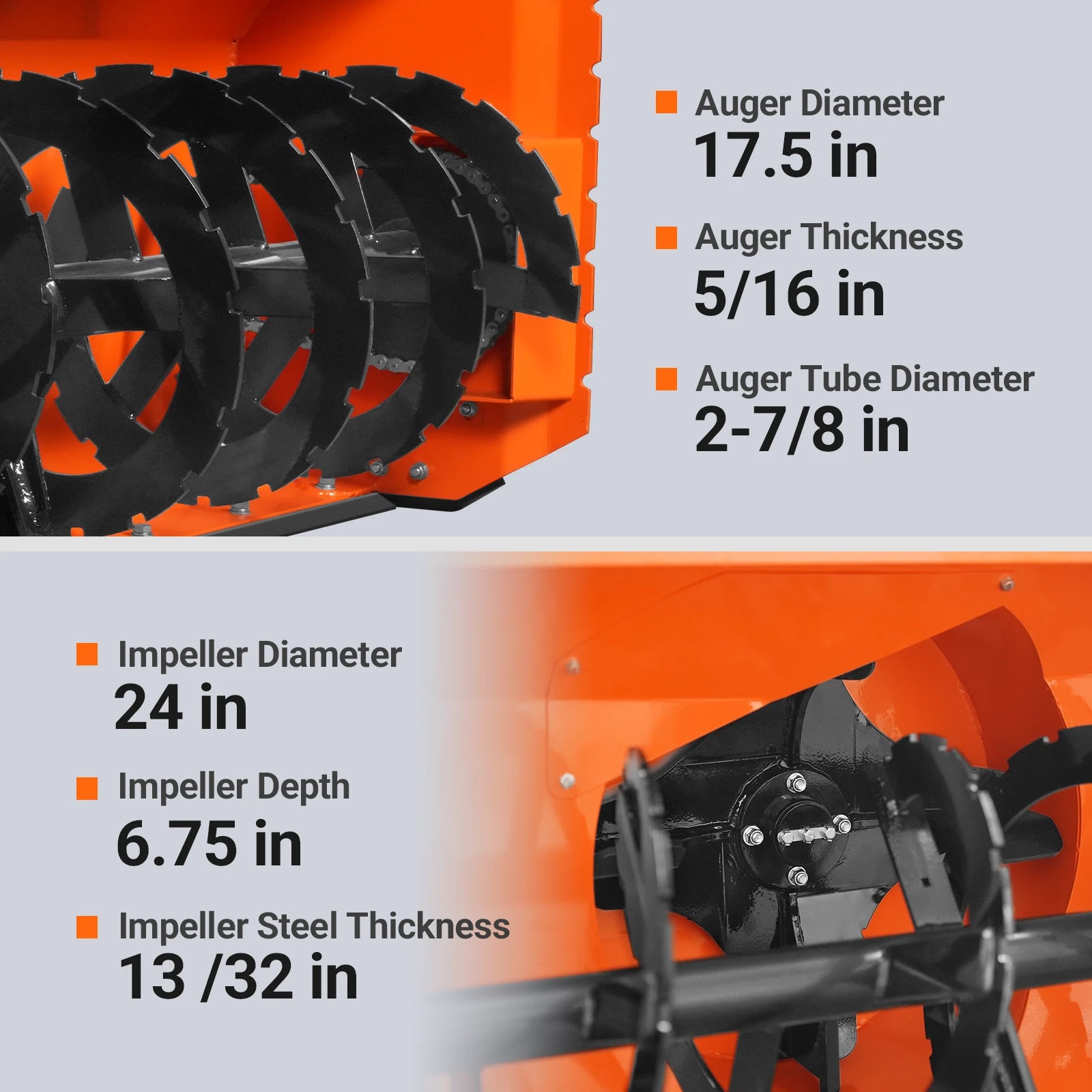 72" 3 Point PTO Snow Blower 24" Impeller Diameter 360° Snow Chute (PTO Shaft Included with Slip Clutch),  25-65 HP,  TSB72T
