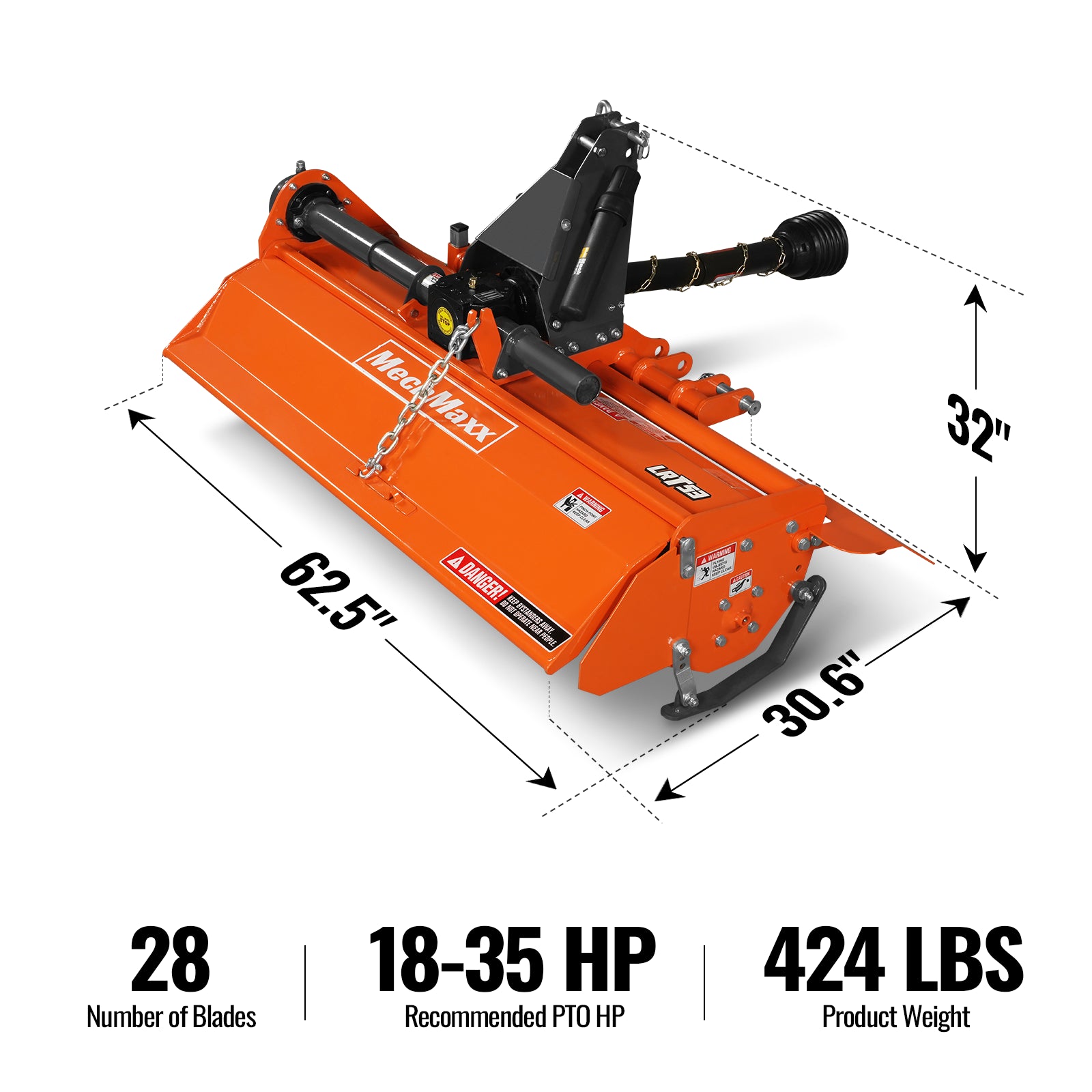 53 in Rotary Tiller, 3 Point Hitch Cat.1, Chain Drive, PTO Shaft Included with Shear Bolt, 18–35 HP, LRT53