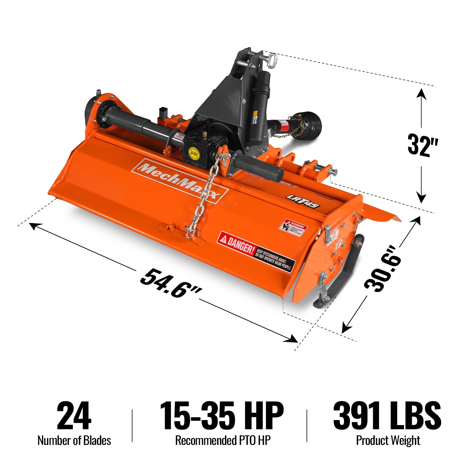 45 in Rotary Tiller, 3 Point Hitch Cat.1, Chain Drive, PTO Shaft Included with Shear Bolt, 15–35 HP, LRT45