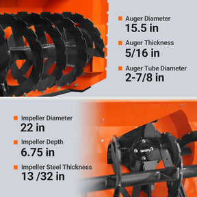 60" 3 Point PTO Snow Blower 22" Impeller Diameter 360° Snow Chute (PTO Shaft Included with Slip Clutch),  18-40 HP,  TSB60T