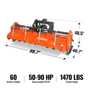 90 in Heavy Duty Rotary Tiller, 3 Point Hitch Cat.2, Gear Drive, PTO Shaft Included with Slip Clutch, 50–90 HP, HRT90