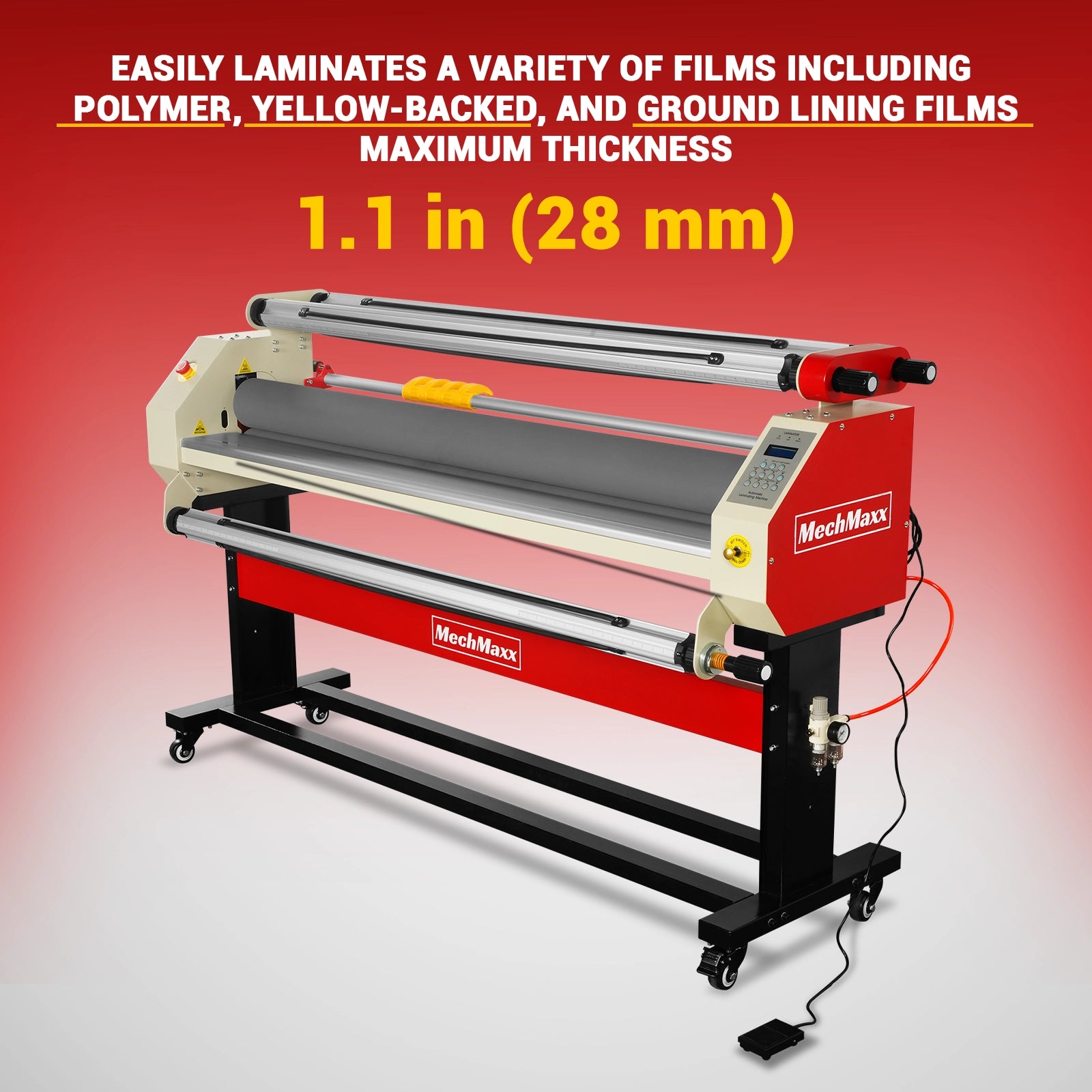 65" Wide Format Full-Auto Cold & Heat Assisted Pneumatic Laminator Machine with 4 Trimmers, Max Speed 40ft/min, 63" Max Width, Infrared Heating, Digital Control Pneumatic Roller Lifting (Requires Air Compressor, Not Included) 1700-B2RED