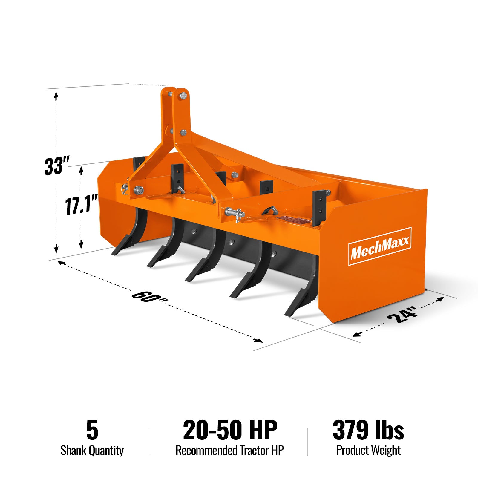 60" Box Blade Scraper with 5 Shanks 3 Point Hitch Tractor Attachment, BB60