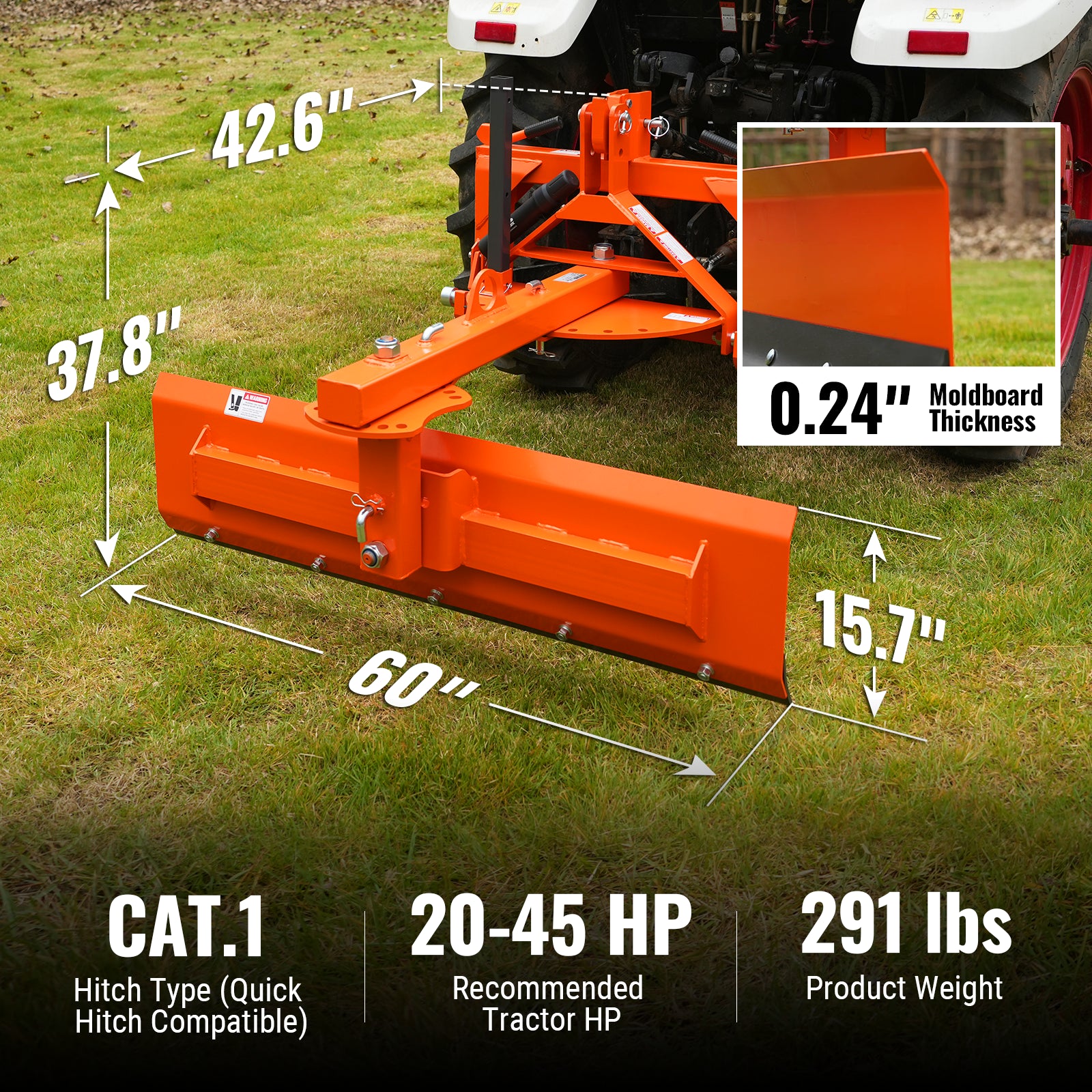 60" 6-Way Rear Blade 3 Point Hitch Tractor Attachment, RB60S