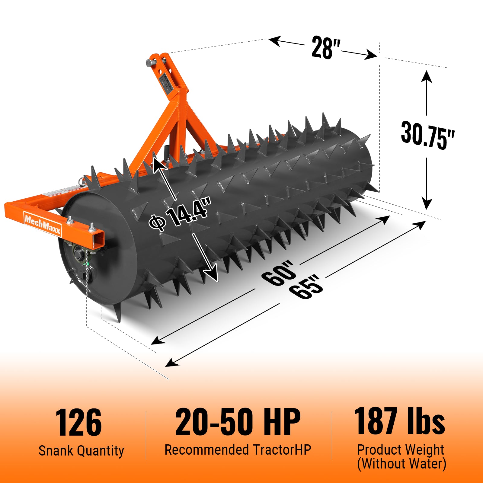 60" Drum Spike Aerator Cat. 1 3-Point Hitch Tractor Attachment, DSA60