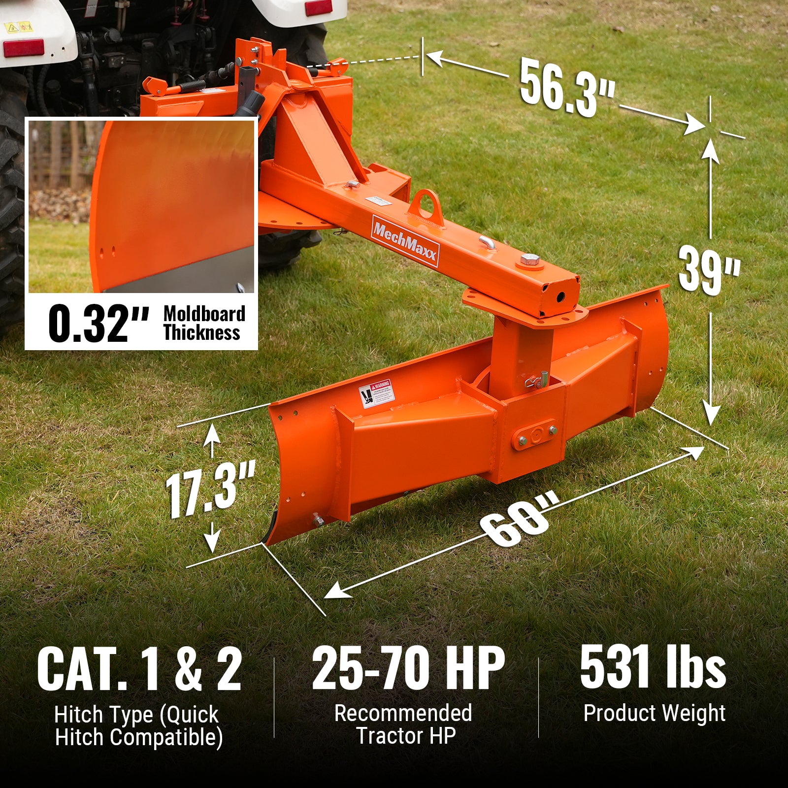 60" Heavy Duty 6-Way Rear Blade 3 Point Hitch Tractor Attachment, RB60SE