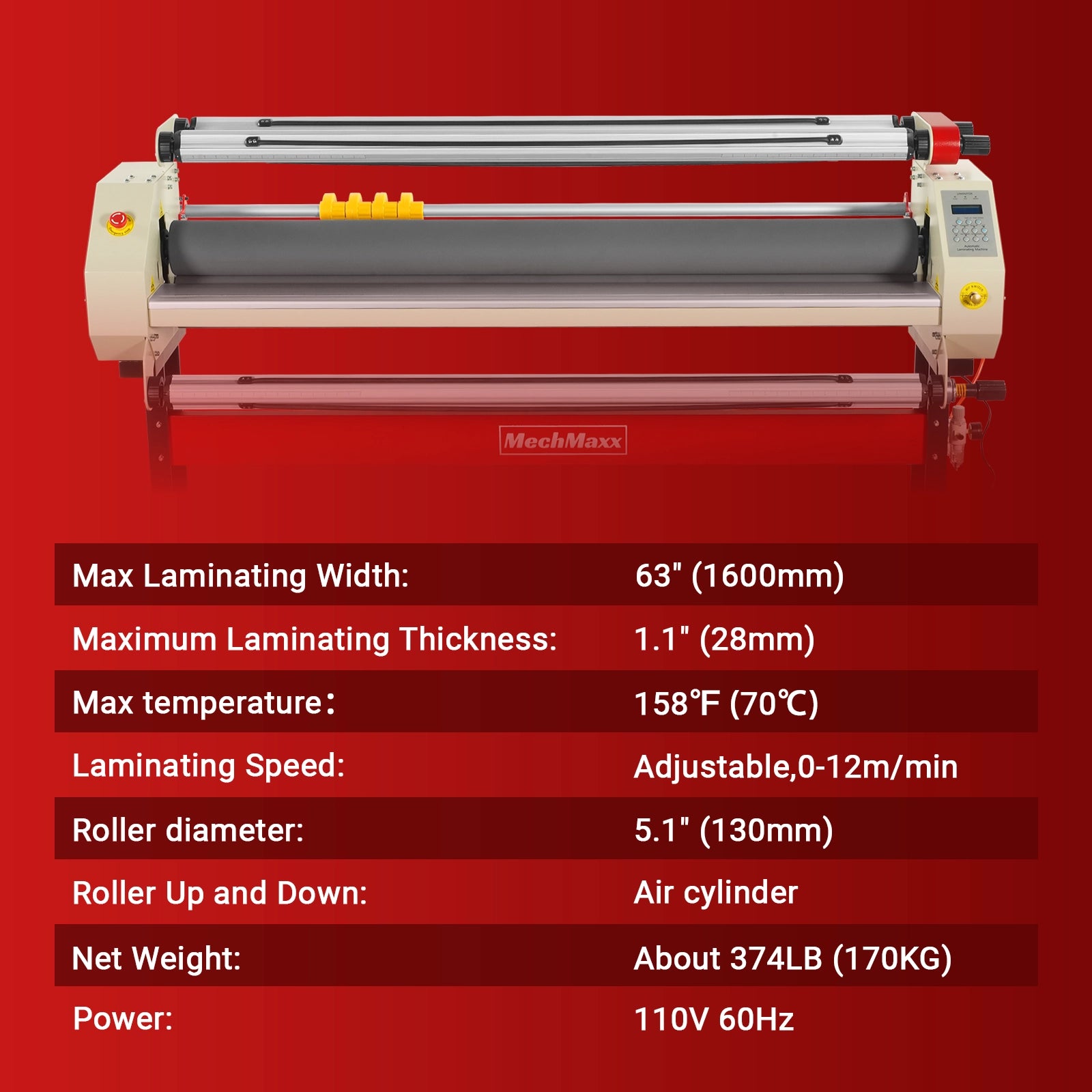 65" Wide Format Full-Auto Cold & Heat Assisted Pneumatic Laminator Machine with 4 Trimmers, Max Speed 40ft/min, 63" Max Width, Infrared Heating, Digital Control Pneumatic Roller Lifting (Requires Air Compressor, Not Included) 1700-B2RED