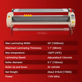 65" Wide Format Full-Auto Cold & Heat Assisted Pneumatic Laminator Machine with 4 Trimmers, Max Speed 40ft/min, 63" Max Width, Infrared Heating, Digital Control Pneumatic Roller Lifting (Requires Air Compressor, Not Included) 1700-B2RED