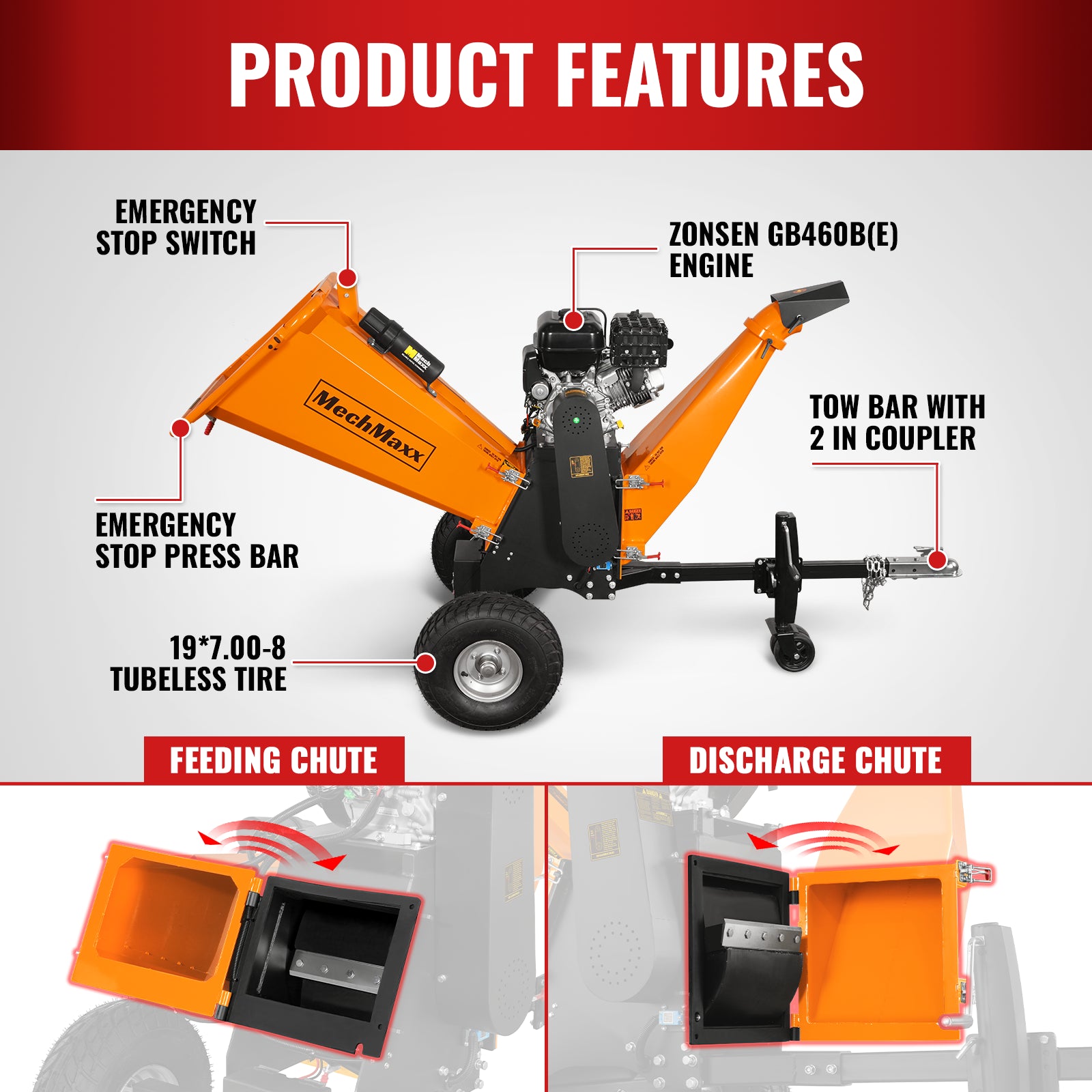 6 inch E-start ZONSEN 459cc 15hp Gasoline Engine Powered Drum Wood Chipper , P4206