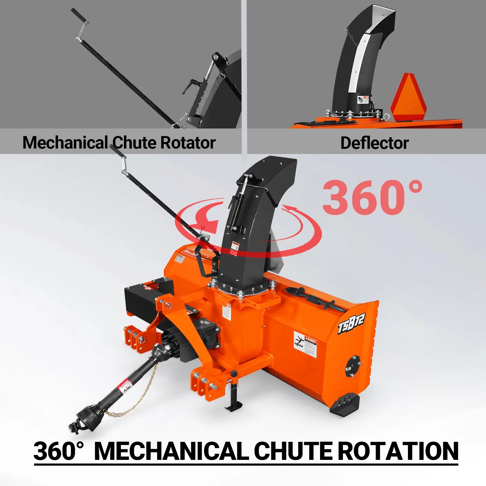 72" 3 Point PTO Snow Blower 24" Impeller Diameter 360° Snow Chute (PTO Shaft Included with Slip Clutch),  25-65 HP,  TSB72T