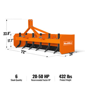 72" Box Blade Scraper with 6 Shanks 3 Point Hitch Tractor Attachment, BB72