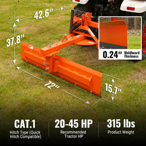 72" 6-Way Rear Blade 3 Point Hitch Tractor Attachment, RB72S